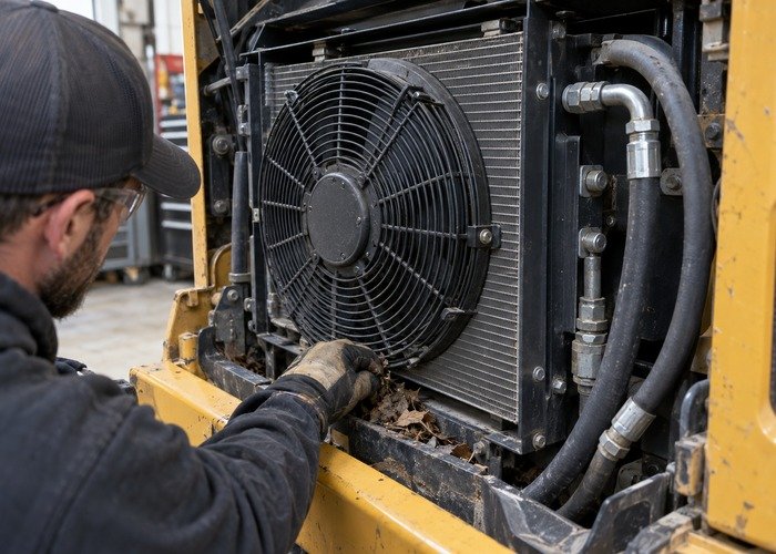Technician inspecting a skid steer hydraulic cooler and fan screen