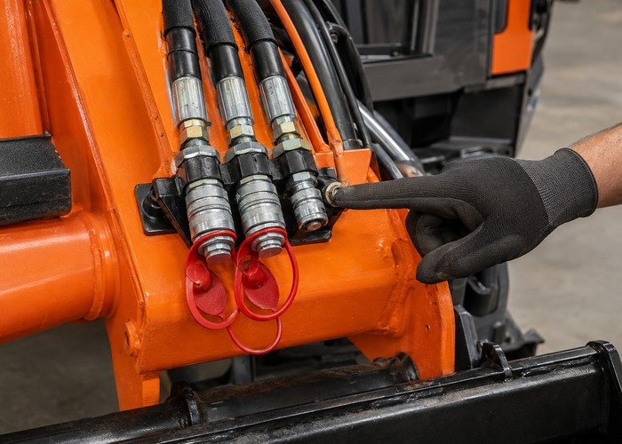 Technician inspecting skid steer auxiliary couplers and the smaller case-drain connection
