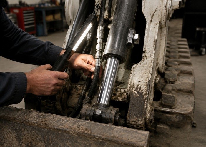 Close inspection of a skid steer lift cylinder rod and hydraulic hose fitting