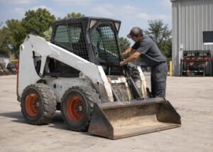 Skid steer with bucket lowered while a technician inspects the lift cylinder area
