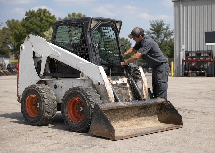 Skid steer with bucket lowered while a technician inspects the lift cylinder area