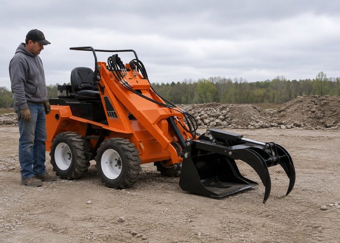 Skid steer with grounded grapple during a one-direction auxiliary hydraulic function check