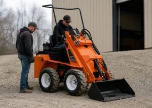 Technician observing a compact skid steer during a safe parking brake release check