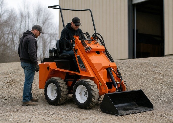 Technician observing a compact skid steer during a safe parking brake release check