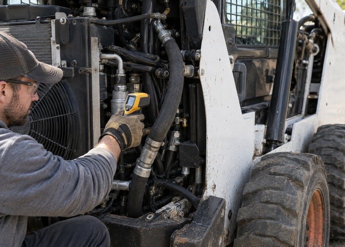 Technician using a non-contact thermometer near a skid steer hydraulic return circuit