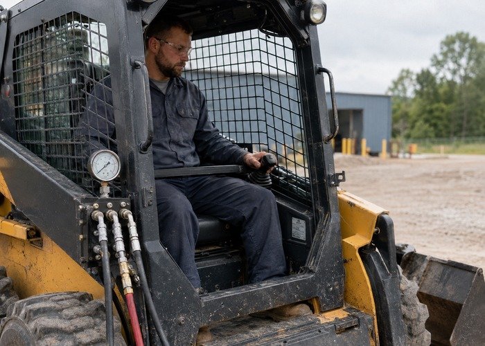 Operator seated inside a skid steer cab during a controlled hydraulic gauge test