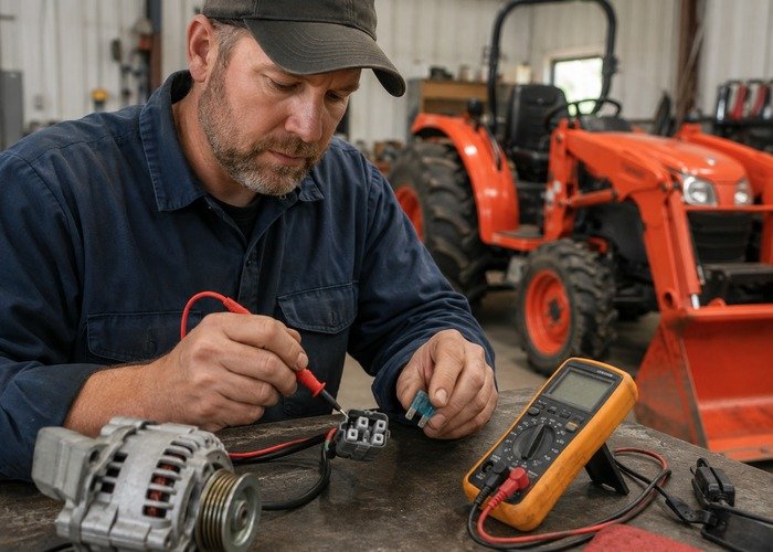 Technician checking a tractor alternator connector and fuse with a multimeter
