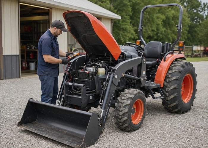 Compact tractor with hood open while a technician checks battery terminals with a multimeter