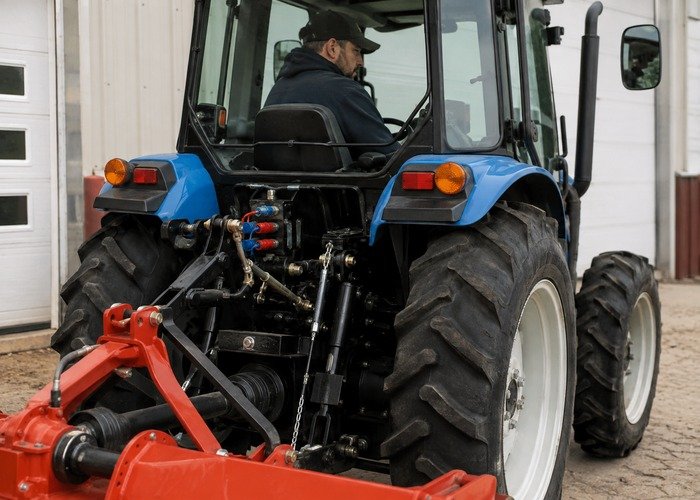Compact tractor rear hitch hydraulic test fittings during a controlled check