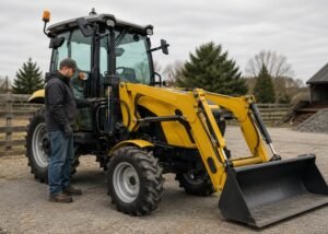 Compact tractor parked with loader lowered while an operator checks the hydraulic coupler panel