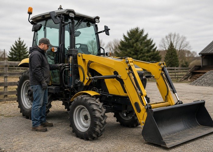 Compact tractor parked with loader lowered while an operator checks the hydraulic coupler panel