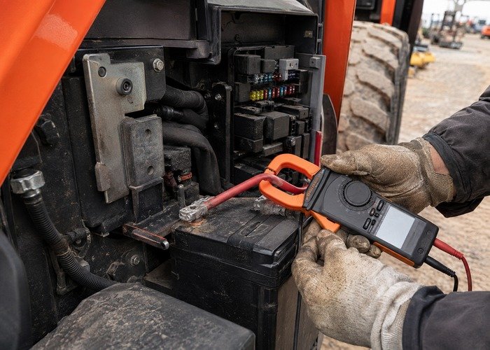 Clamp meter checking a compact tractor battery cable beside a fuse panel