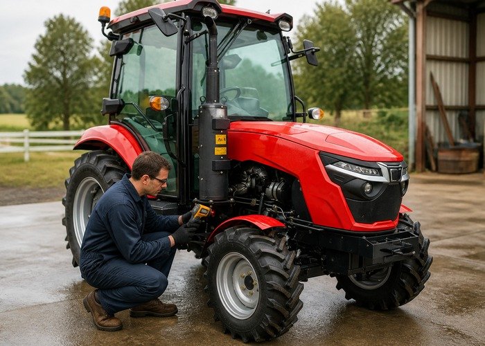 Technician checking a compact tractor steering system after it becomes hard when hot