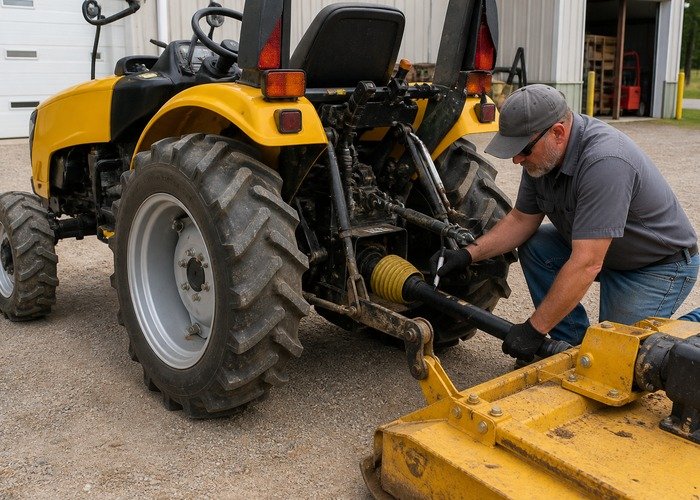 Technician marking a guarded tractor PTO driveline before a controlled slip test