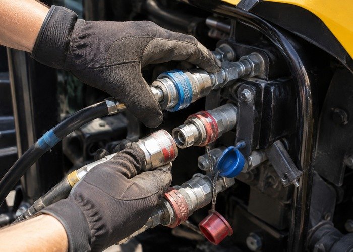 Gloved hands aligning clean tractor hydraulic quick couplers at the loader panel
