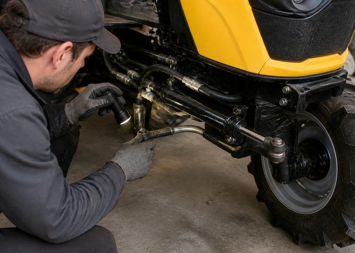 Inspecting compact tractor steering cylinder linkage and hydraulic hoses