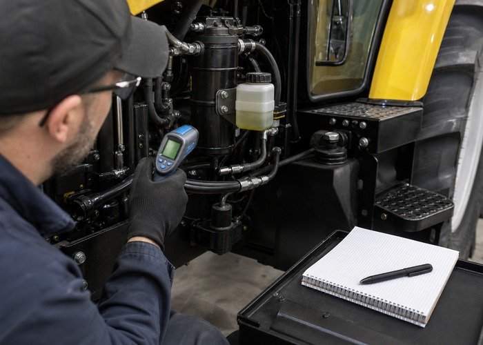 Measuring compact tractor hydraulic steering temperature with an infrared thermometer