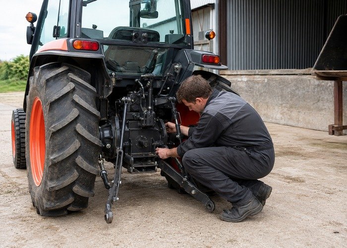 Compact tractor rear three point hitch lowered while a technician checks linkage