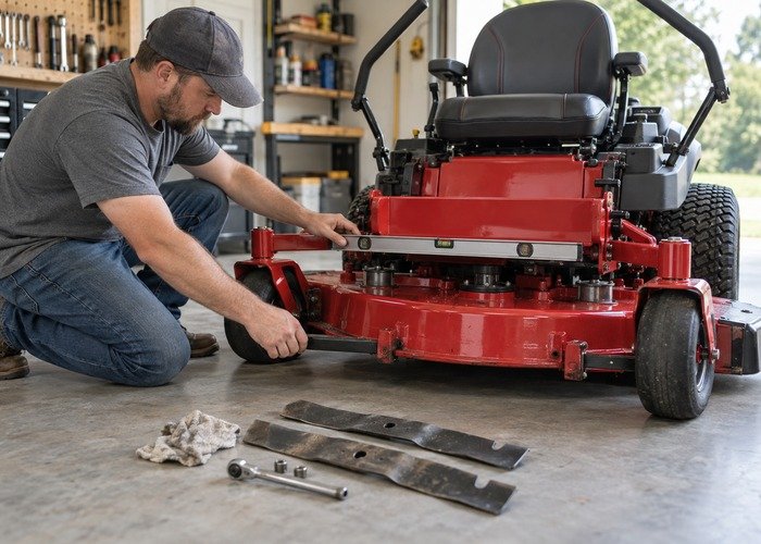 Technician measuring zero turn mower deck level and blade condition