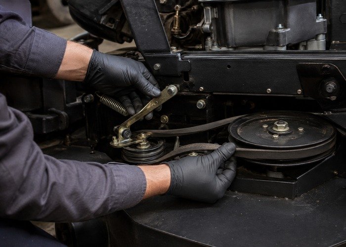 Technician inspecting zero turn mower drive belt and bypass linkage