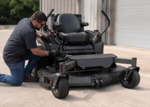 Zero turn mower parked while a technician checks hydrostatic bypass levers