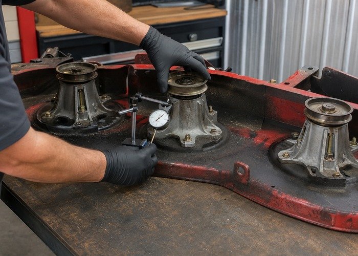 Measuring zero-turn mower spindle shaft play with a dial indicator