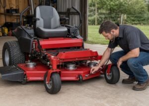 Technician listening for spindle bearing noise on a stationary zero-turn mower deck