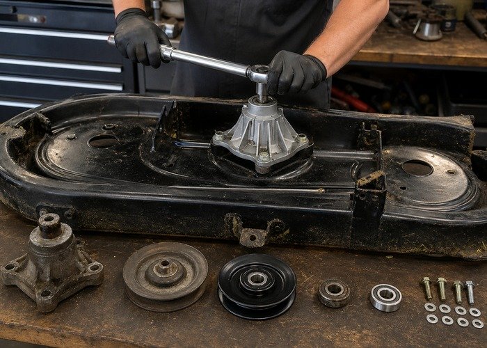Installing a replacement spindle housing on a zero-turn mower deck