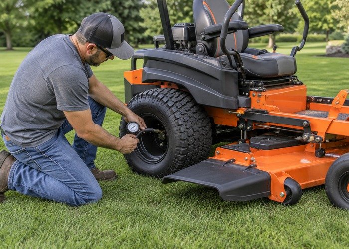 Technician checking a zero turn mower tire pressure before a mowing overlap test