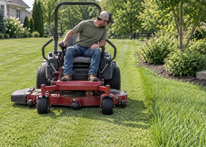 Zero turn mower on a lawn with an operator inspecting an uncut strip
