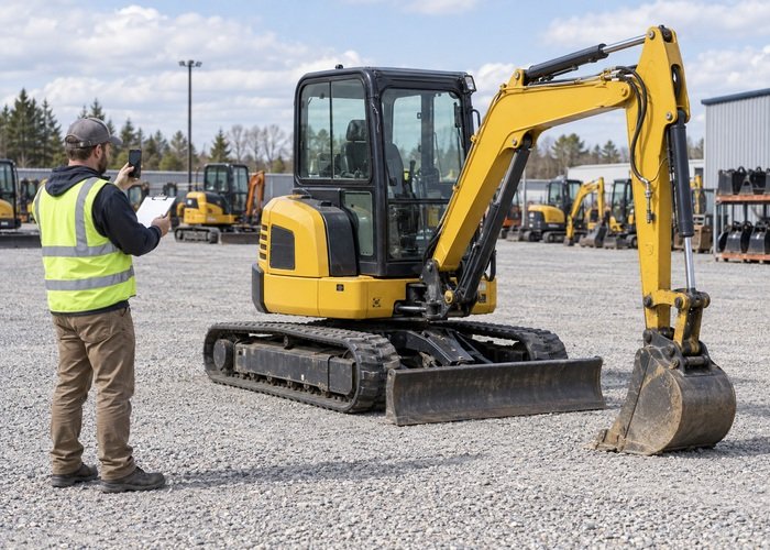 Illustrative mini excavator parked with its bucket grounded while an employee records its condition