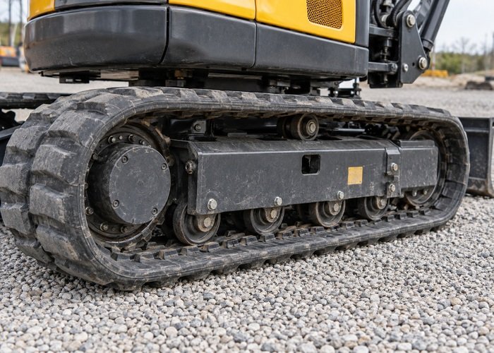 Illustrative close view of a mini excavator rubber track and lower frame