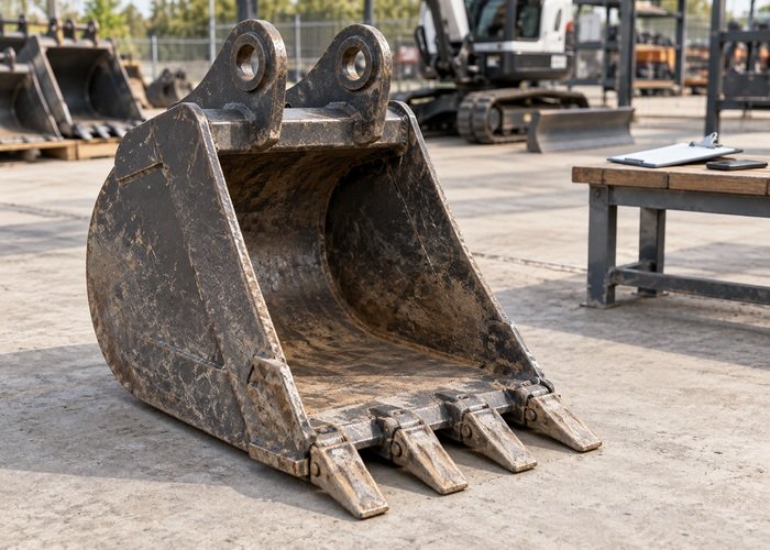 Illustrative detached excavator bucket resting on concrete with mounting ears and cutting teeth visible