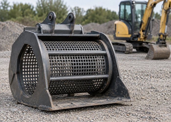 Illustrative detached screening bucket resting on level gravel