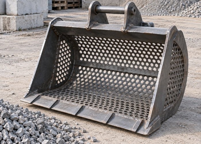 Illustrative perforated steel screening basket with consistent openings and dry gravel nearby