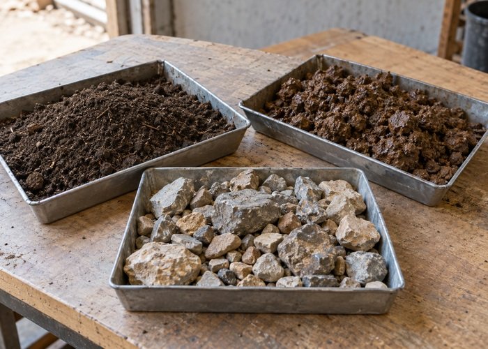 Illustrative separate trays containing dry soil, damp soil and coarse stones
