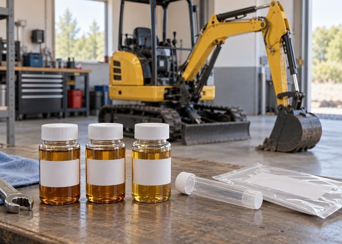 Illustrative capped hydraulic oil sample bottles on a bench with a parked excavator in the background