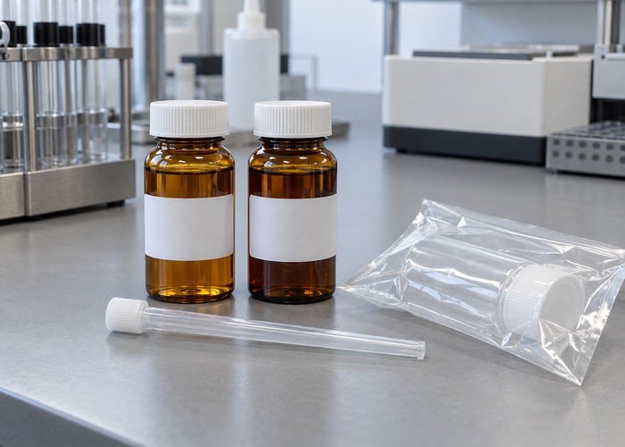 Illustrative capped hydraulic oil sample bottles and clean sampling supplies on a workshop bench