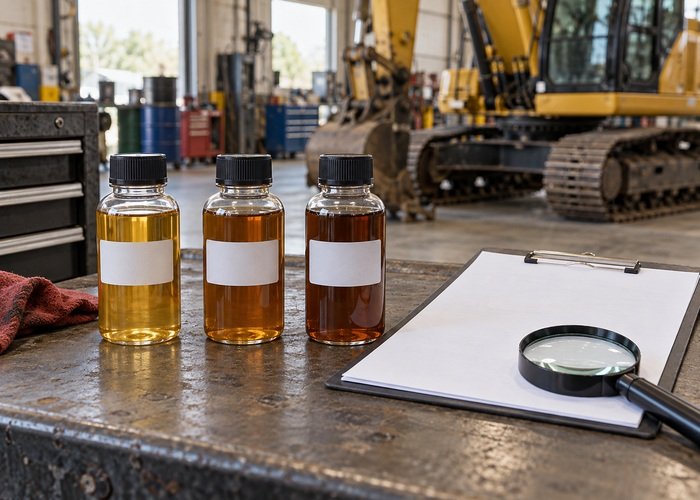 Illustrative sealed amber oil samples arranged beside a blank maintenance report on a bench