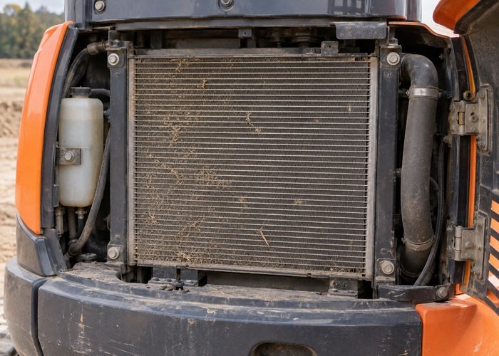 Illustrative radiator fins with dry dust and grass fragments in an open service compartment