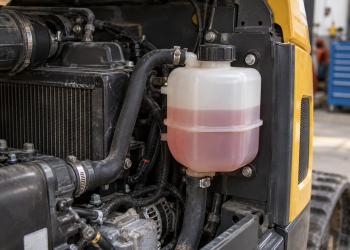 Illustrative closed coolant expansion reservoir and connected hose inside an engine compartment