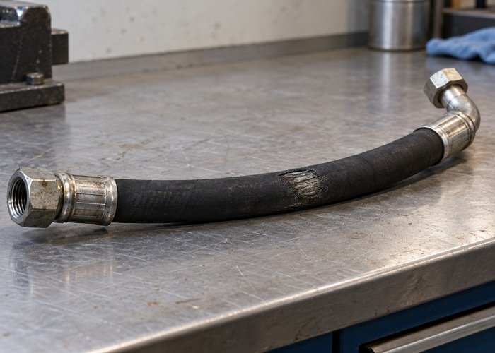 Illustrative detached hydraulic hose with a local worn outer cover on a workshop bench