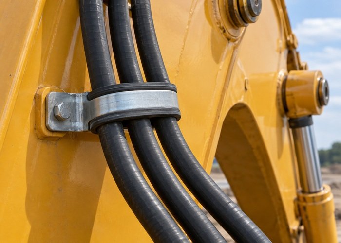 Illustrative hydraulic hoses held in separated curved routes by a support bracket