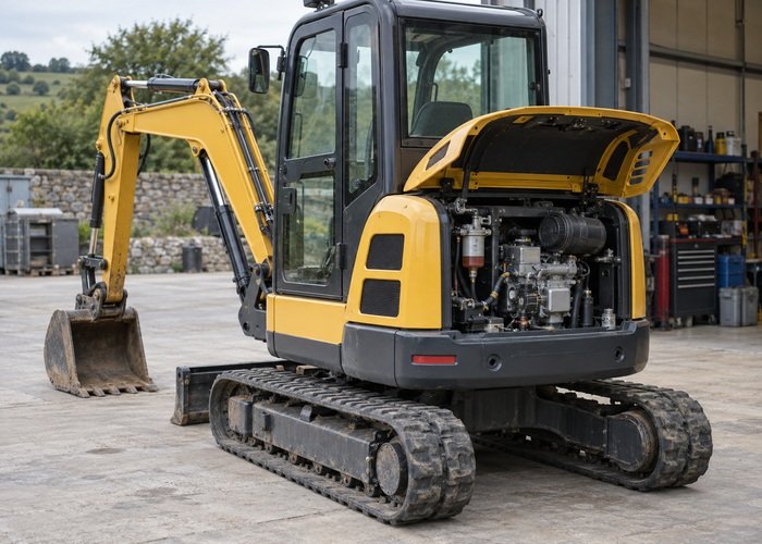 Illustrative parked mini excavator with grounded bucket and open engine compartment