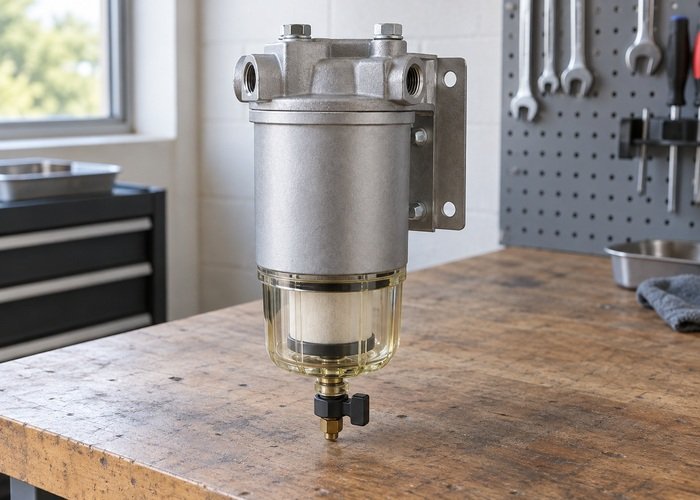 Illustrative diesel fuel-water separator with transparent closed collection bowl on a workshop bench