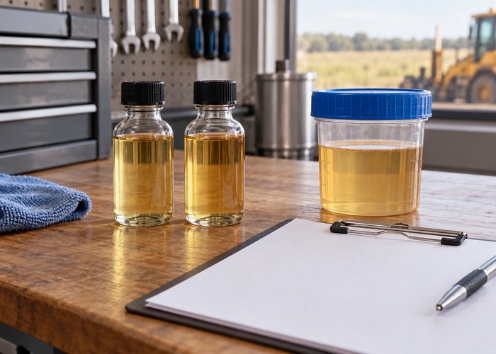 Illustrative closed sample bottles beside a blank maintenance record and capped clean container