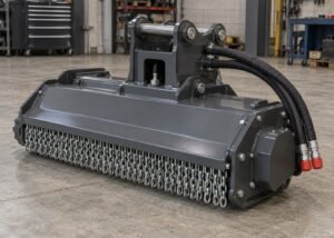 Illustrative detached hydraulic flail mower head resting securely on a workshop floor