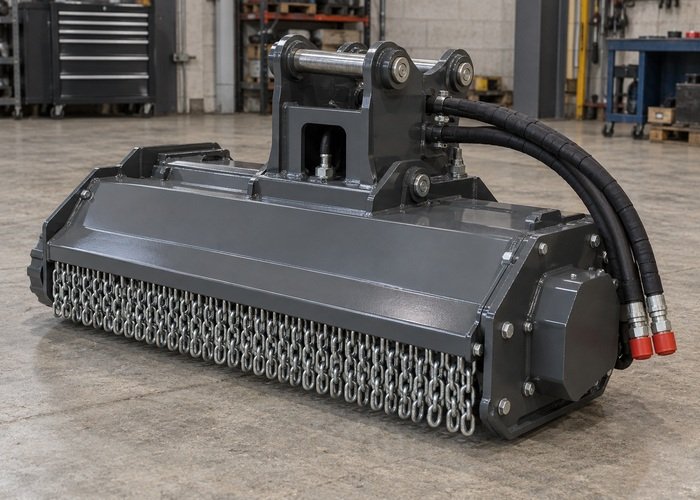 Illustrative detached hydraulic flail mower head resting securely on a workshop floor