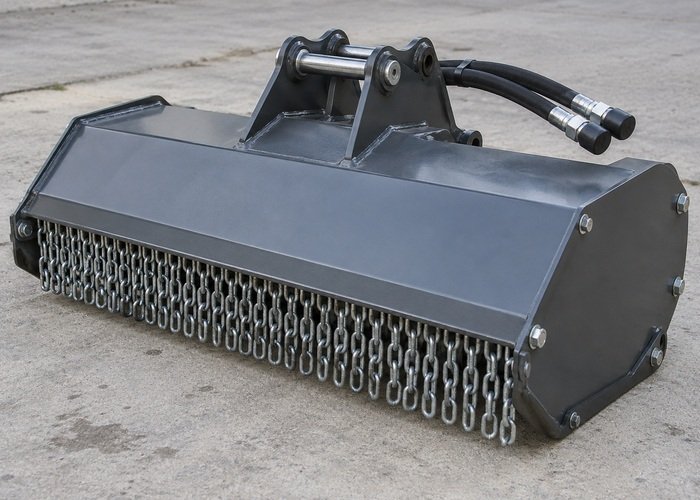 Illustrative detached flail mower housing with protective chain curtain and capped hoses