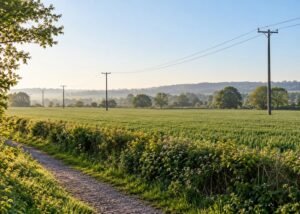 Illustrative distant overhead electrical line viewed from a separate path